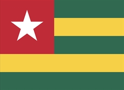 [ai] The flag of Togo, featuring five horizontal stripes of green, yellow, and green, with a red vertical stripe on the left side containing a white star in the center.